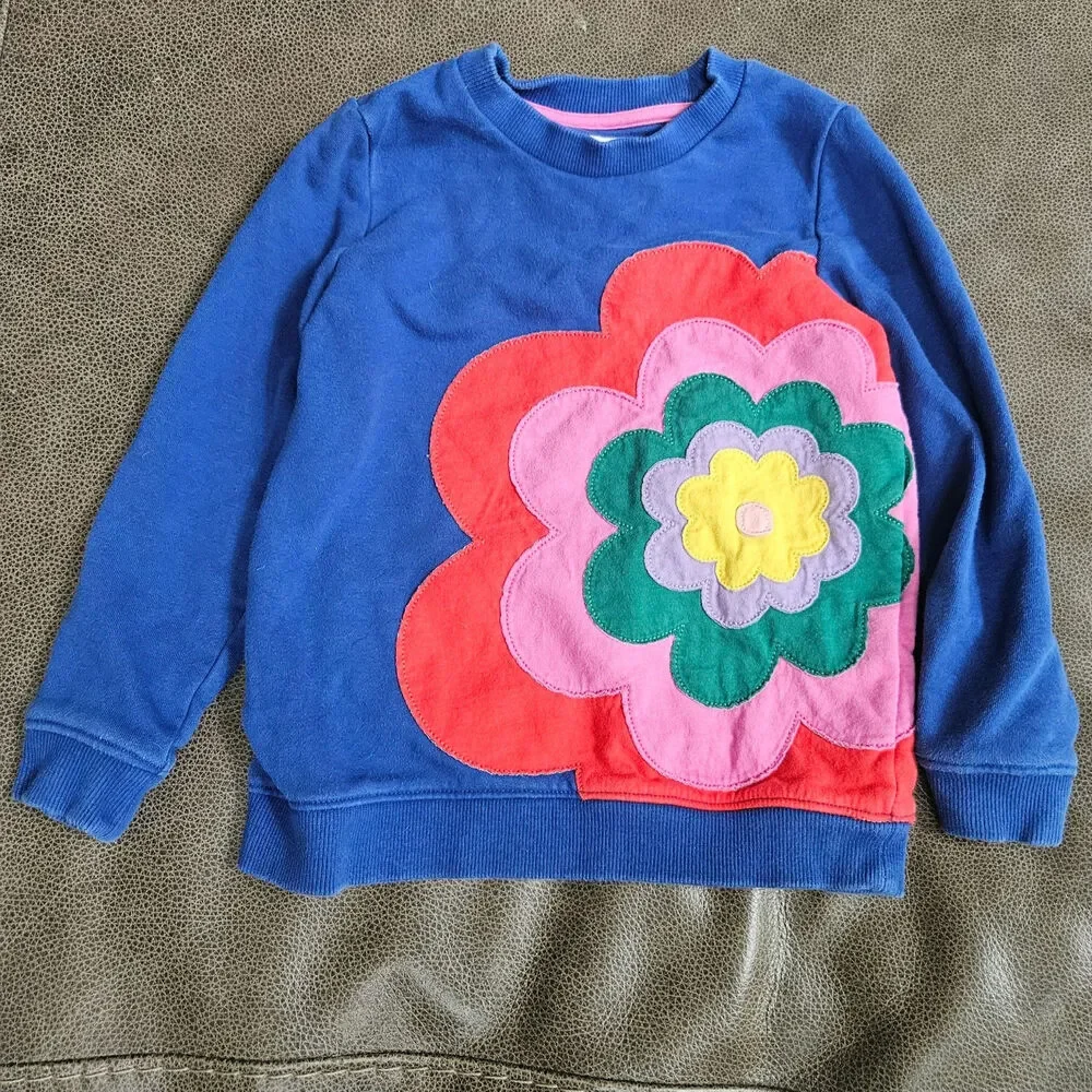 Mini Boden Girls Blue Rainbow Flower Applique Sweatshirt Pullover 5-6Y